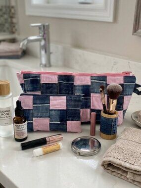 Two Handmade Handcrafted Zippered Checkerboard Pouch Set Recycled Denim
